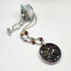 $74 Brighton "Thai Gardens" Asian Influenced Pend w Etched Silver & Wood Beads
